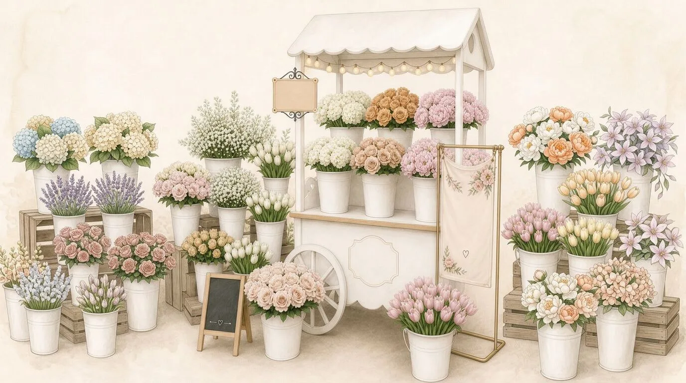 Custom Bloom Bar stocked with seasonal roses, daisies, and greenery for guests to wrap bouquets — floral add-on from our San Francisco catering team