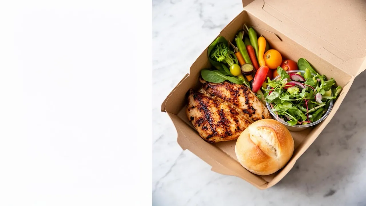 Catering SF boxed meals — grilled chicken, roasted vegetables, and salad packed neatly in individual containers