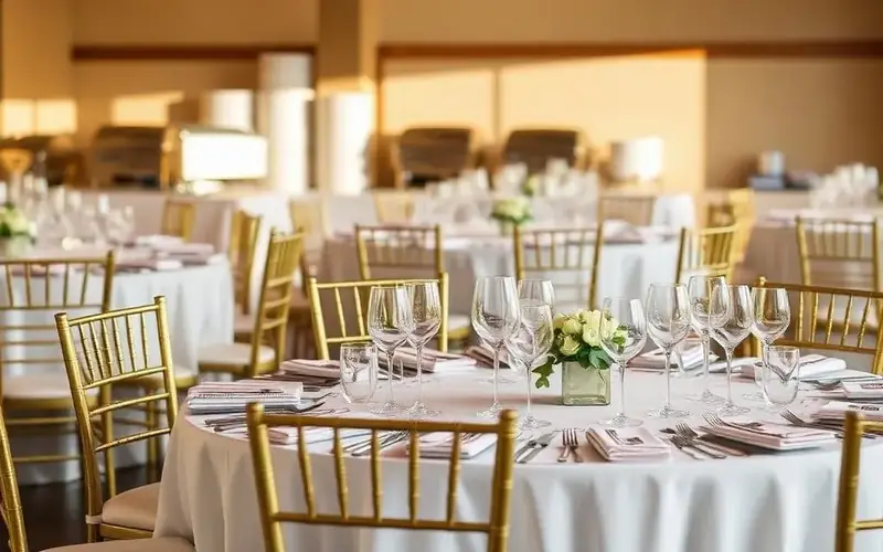 SF Catering Company banquet setup showcasing formal dinnerware, multiple wine glasses, gold chairs, and modern floral accents.
