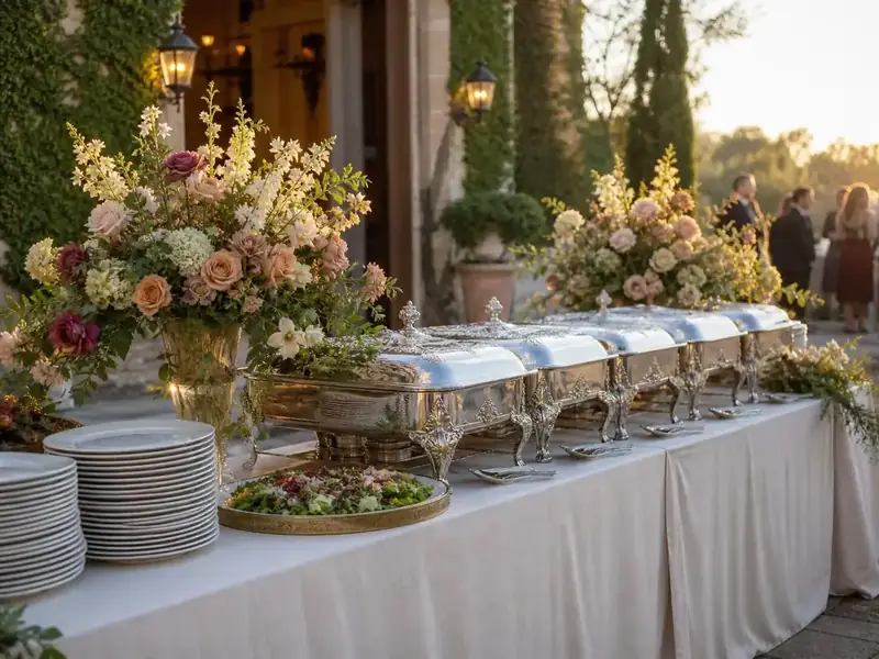 SF Catering Company full-service buffet elevated with architectural floral designs, polished silver equipment, and formal table settings.