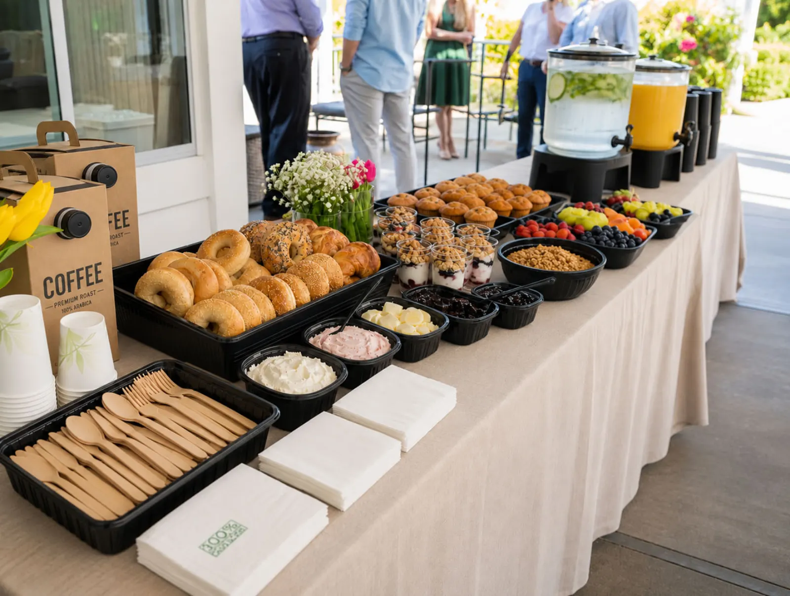 Drop-Off Continental Breakfast by SF Catering Company Drop-off continental breakfast display with bagels, muffins, yogurt parfaits with granola, fresh fruit and berries, coffee, iced water, and orange juice on a linen-draped outdoor buffet by SF Catering Company