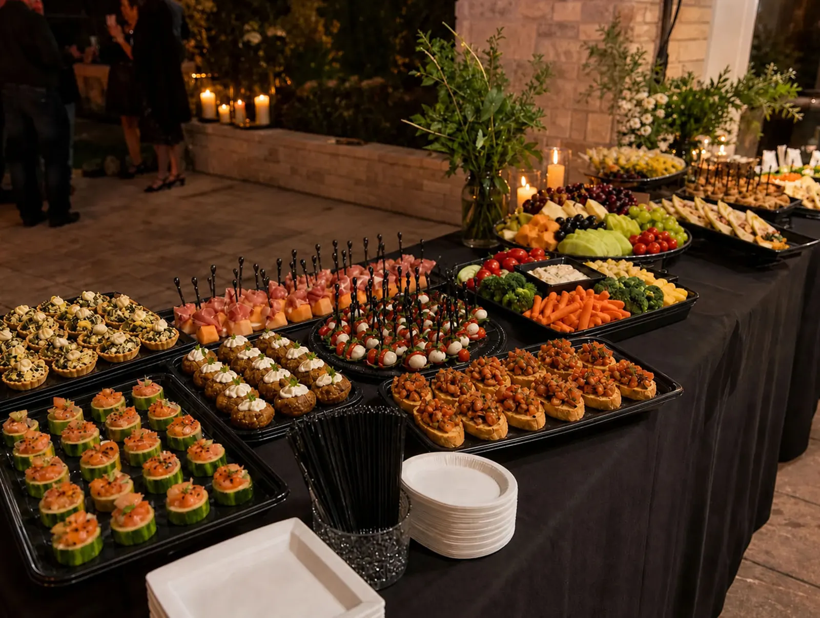 Drop-Off Appetizer Station Elegant evening drop-off appetizer station with caprese skewers, prosciutto and melon, bruschetta, stuffed mushrooms, smoked salmon cucumber cups, artichoke tartlets, crudité, fresh fruit and cheese trays, and candlelit florals by SF Catering Company