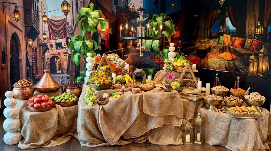 Themed appetizer display with Mediterranean mezze, skewers, and lanterns at a San Francisco private party by SF Catering Company