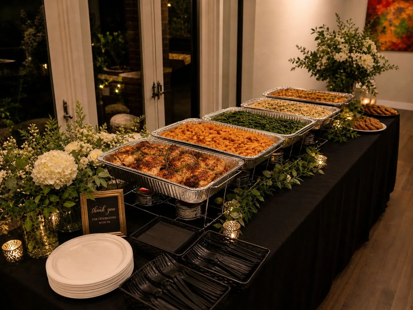 Delivered supper buffet of roast chicken, baked pasta, green beans and rice finished with candlelight and small blooms — floral upgrades on San Francisco and Daly City catering deliveries