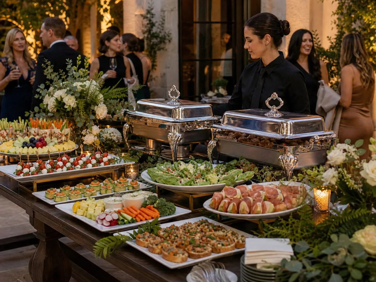 Attended hors d'oeuvres station framed with fresh blooms beside warm chafers outdoors — floral appetizer styling from SF and South San Francisco catering