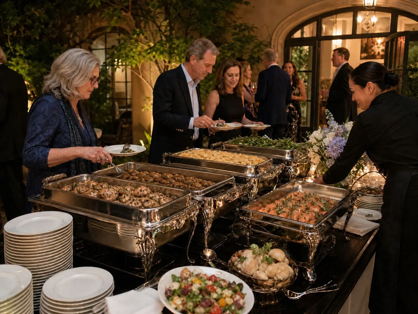 Staffed full-service dinner buffet with chafing dishes and carving station at a San Francisco event by SF Catering Company