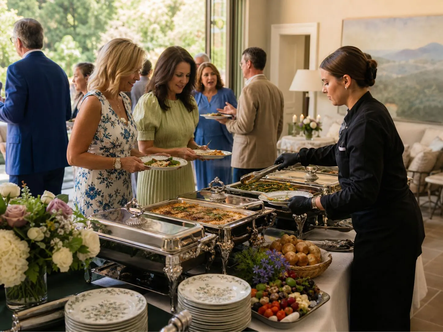 Attendant portioning entrées from silver chafers for a guest line inside a sunlit venue — staffed lunch service for San Francisco and Brisbane catering