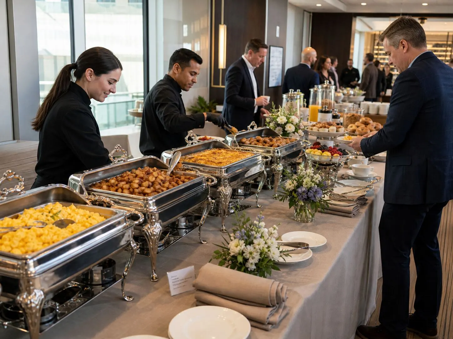 Uniformed staff working a breakfast line of polished chafers as guests move through with plates in hand — staffed SF catering for early downtown meetings
