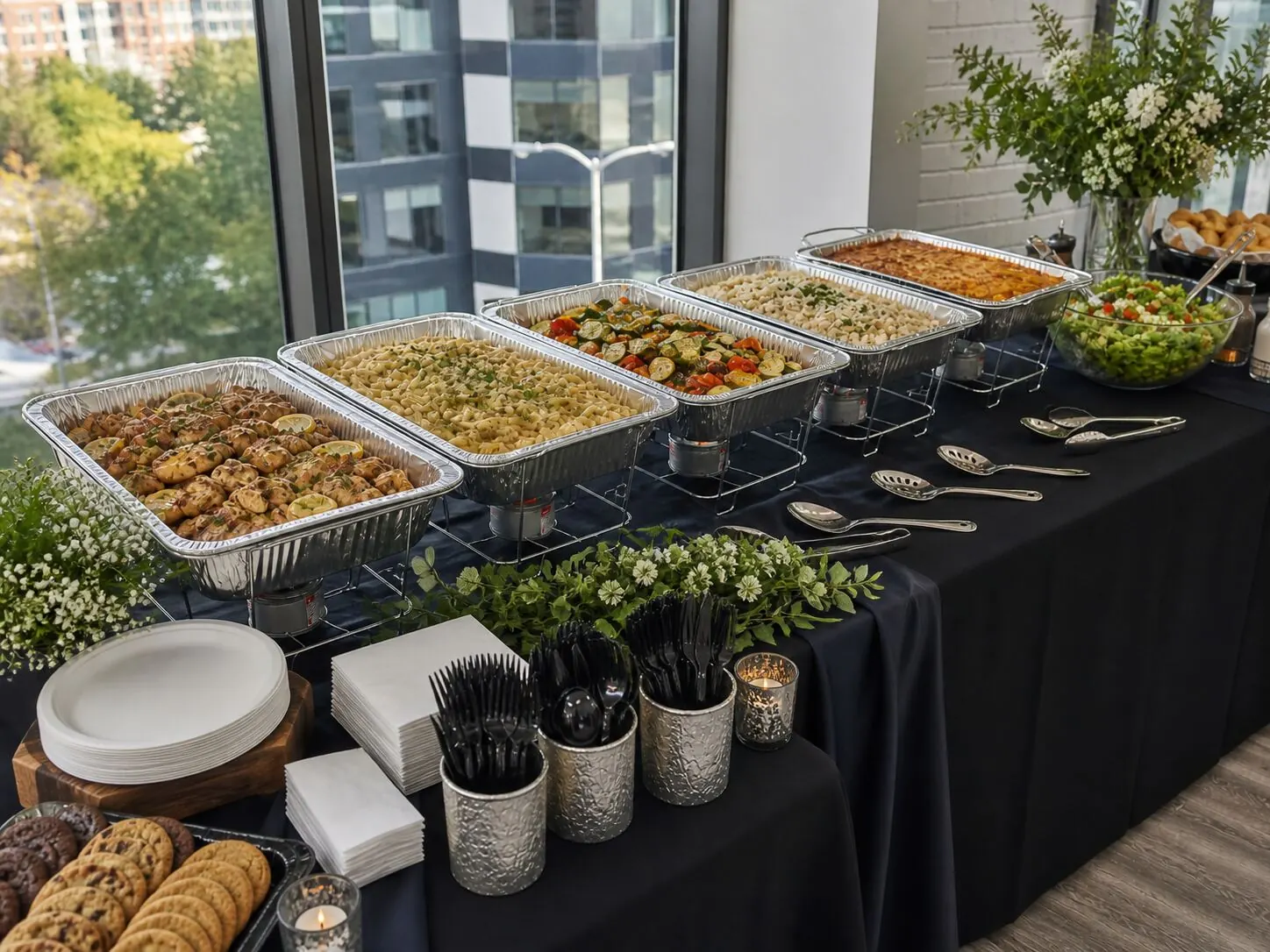 Hot lunch buffet with entrées, sides, and salad delivered to a San Francisco office by SF Catering Company