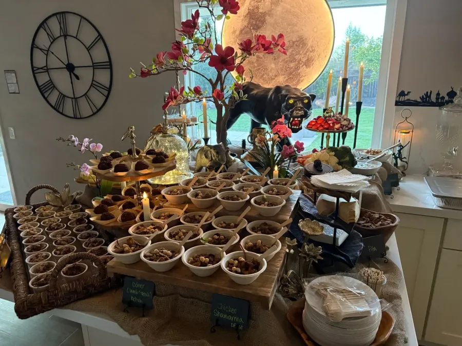 Levantine supper line of shawarma chicken and döner kebob presented on a coordinated tablescape — supper styling from San Francisco and South San Francisco catering