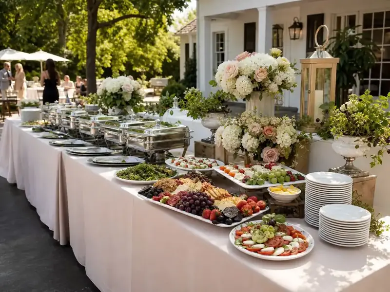 SF Catering Company full-service wedding buffet with sophisticated food presentation, floral styling, china, and guest dining areas.